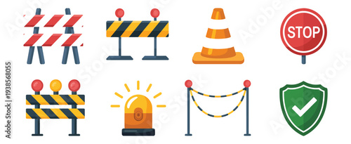Barriers Overview In Flat Style, Road Barrier Caution Stripe Panel Safety Cone Restricted Area Sign Blockade Fence Warning Light Boundary Line And Protection Symbols, Vector Illustration For Traffic.
