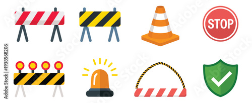 Flat Style Barrier Icon Set, Road Caution Panels Safety Cones Blockade Fences Warning Lights Boundary Lines And Restricted Area Signs, Protection And Safety Concept Vector Illustration For Public.