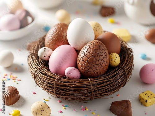 Easter basket filled with colorful eggs and chocolate treats for holiday celebrations