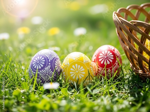 Easter basket with colorful eggs in green grass on sunny day