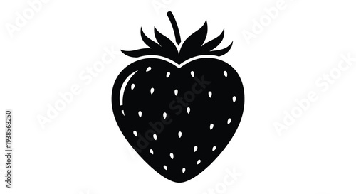 A striking black silhouette of a ripe strawberry with small seeds and green leaves above silhouette high quality professional