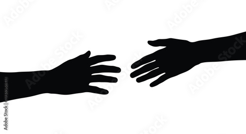 Two arms reaching towards each other nearly touching presented as a stark black form against a white background silhouette