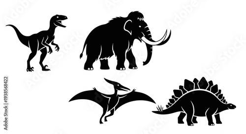 Prehistoric Animal Silhouettes: Dinosaur, Mammoth, Pterodactyl Vector Icons