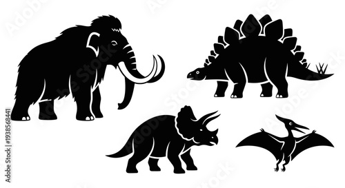 Prehistoric animal silhouettes: mammoth, stegosaurus, triceratops, and pterodactyl