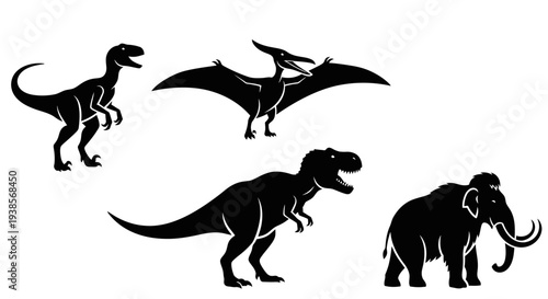 Prehistoric Animal Silhouettes: Dinosaurs, Pterodactyl, and Woolly Mammoth Vector Collection