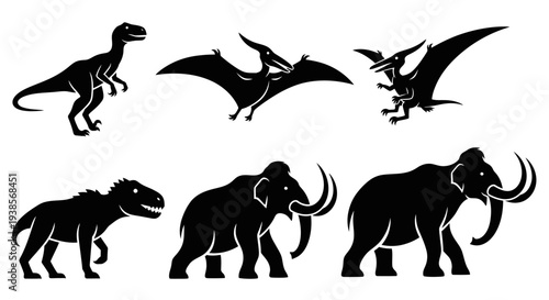 Prehistoric animal silhouettes: dinosaurs, pterosaurs, mammoths, and ancient extinct creatures