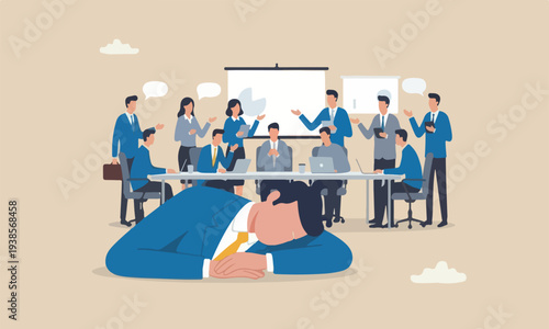 Quiet quitting pillars together boredom, exhaustion or burn out from hard work without recognition concept, unhappy businessman sleeping while working at busy workplace.