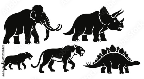 Prehistoric Animal Silhouettes Set: Dinosaurs and Ice Age Mammals