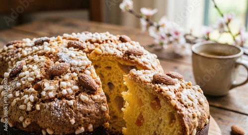 Traditional Easter Sweet Bread Cake with Almonds and Pearl Sugar