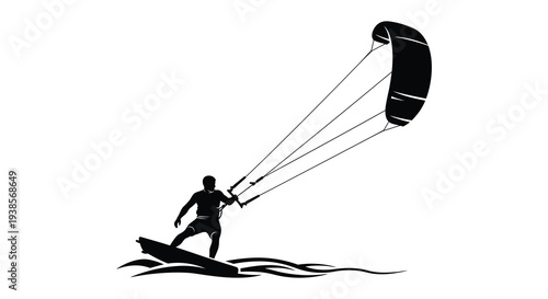 A dynamic illustration depicts a kitesurfer riding ocean waves with a kite overhead presented as a silhouette high quality