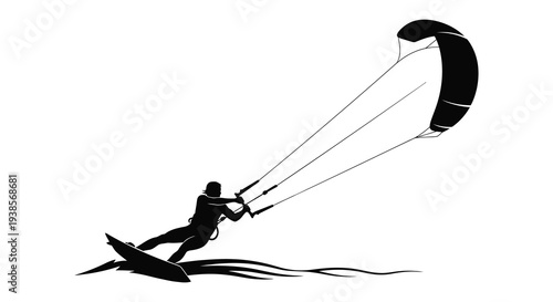 A dynamic black silhouette depicts a kitesurfer riding ocean waves with a large billowing kite silhouette high quality professional