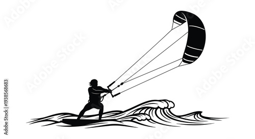 A dynamic illustration depicts a kitesurfer riding ocean waves showcasing power and skill in silhouette high quality professional detailed