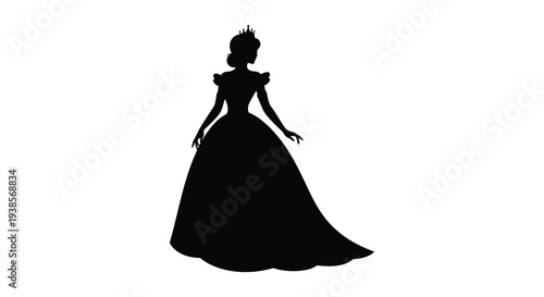 A striking black silhouette depicts a woman in a regal flowing gown facing away from the viewer silhouette