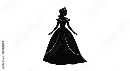 A striking black silhouette depicts a regal woman in a long ornate gown and crown silhouette high quality professional