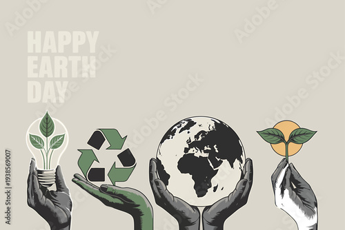 Hands holding symbols of sustainability: lightbulb with plant, recycling icon, Earth, and seedling, representing Earth Day and environmental care.