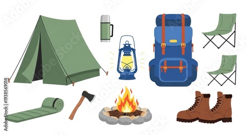 Camping equipment illustration featuring tent backpack lantern and fireplace