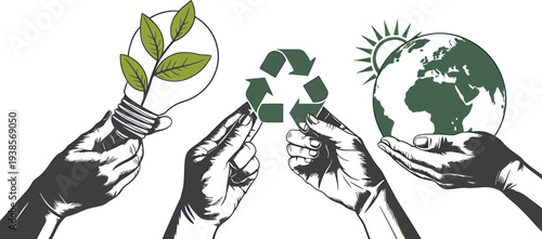 Hands presenting eco-conscious elements: plant-filled lightbulb, recycling symbol, Earth, and a sunrise, celebrating Earth Day and environmental action.