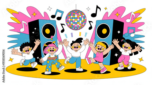 Children dancing on stage with speakers and disco ball at a fun party with music notes and colorful lights