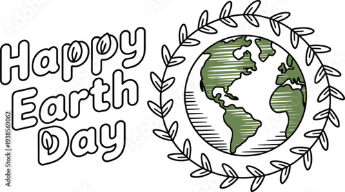 Whimsical 'Happy Earth Day' lettering with a detailed globe surrounded by a leafy wreath for environmental celebration.