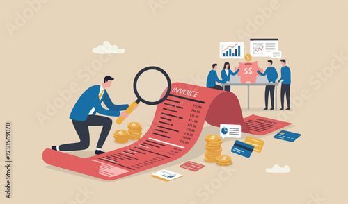 Paying bills, and analysis personal concept, businessman intoo magnifying team together marketing meeting analyze budget, income big business cow red tax invoice receipt paper.