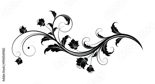An elegant swirling floral arrangement with delicate leaves and blossoms creates a decorative border silhouette high quality professional detailed