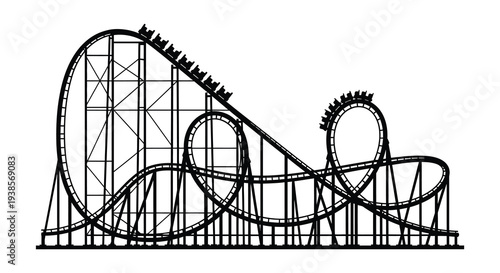 A detailed black and white illustration depicts a complex roller coaster structure with riders presented as a silhouette