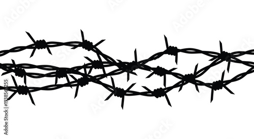A stark black and white depiction of barbed wire stretches across the frame creating a harsh boundary silhouette high quality professional