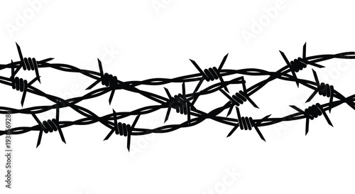A stark repeating pattern of black barbed wire stretches across a white background creating a dangerous silhouette high quality