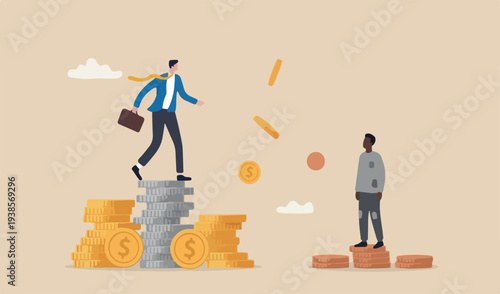 Economic inequality, rich and poor gap, unfairness income, different money people being concept, white rich businessman standing high salary coins tower with poor black man on low coins stack