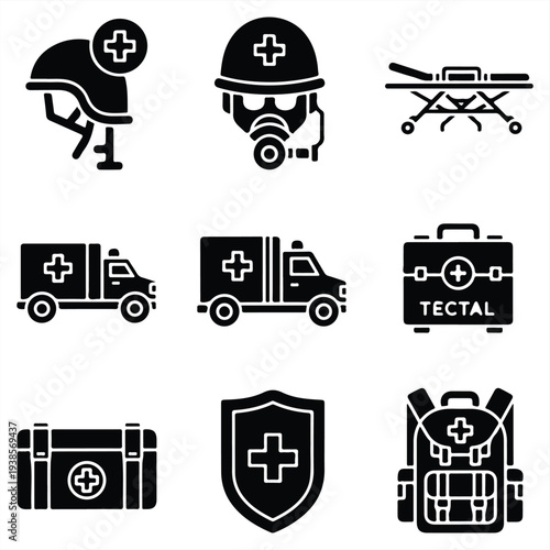 A collection of medical icons and symbols for healthcare and emergency services