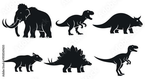 Prehistoric Animals Silhouettes Set: Dinosaurs and Mammoth Icons