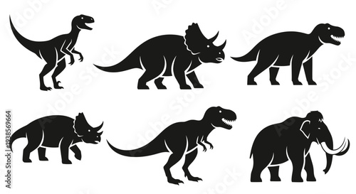Prehistoric Animals Silhouettes Set: Dinosaurs and Mammoth Vector Icons Collection