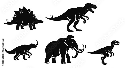 Prehistoric Animals Silhouettes Set: Dinosaurs and Woolly Mammoth Icons