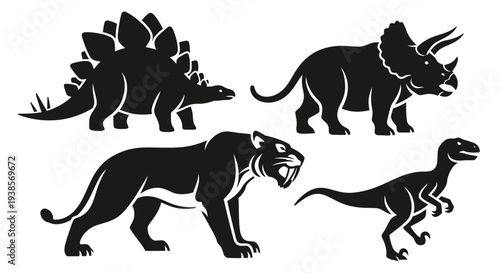 Prehistoric Animals Silhouettes Set: Dinosaurs and Saber-toothed Tiger