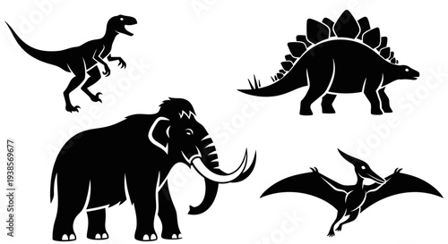 Prehistoric Animals Silhouettes Set: Dinosaurs, Mammoth, and Pterodactyl Icons