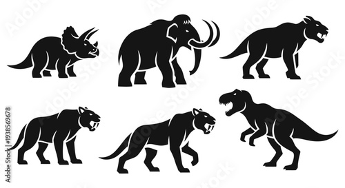Prehistoric Animals Silhouettes Set: Dinosaurs, Mammoth, Saber Tooth Tiger Icons