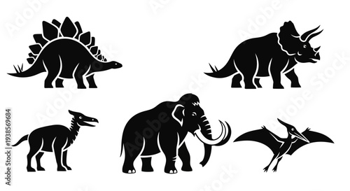 Prehistoric Animals Silhouettes Set: Dinosaurs, Mammoth, Pterodactyl Icons