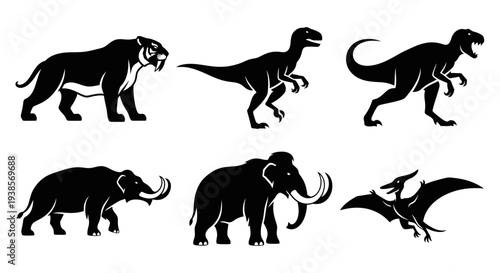 Prehistoric Animals Silhouettes Set: Dinosaurs, Mammoths, and Saber-toothed Tiger Icons