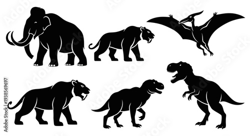 Prehistoric Animals Silhouettes Set: Mammoth, Saber-toothed Tiger, Pterodactyl, and Dinosaurs