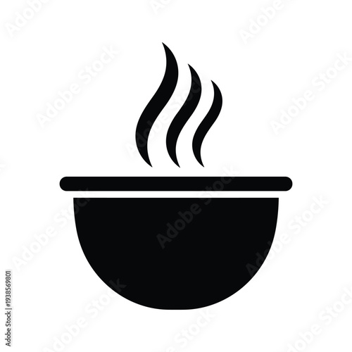 Minimalist Black Steaming Bowl Icon Vector - Hot Soup, Food, or Noodle Symbol on White Background