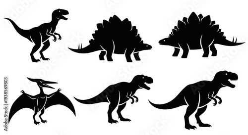 Set of Black Dinosaur Silhouettes Vector Illustration on White Background