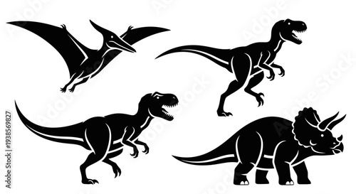 Various Dinosaur Silhouettes Set: T-Rex, Velociraptor, Triceratops, Pterodactyl Vector Icons