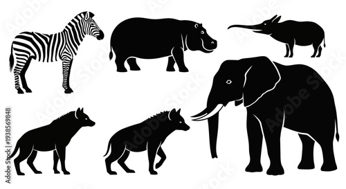 Wild African Animals Silhouettes Collection: Elephant, Zebra, Hippo, Hyena, Aardvark