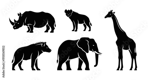Wild African Animals Black Silhouettes Set - Rhinoceros, Elephant, Giraffe, and Hyena