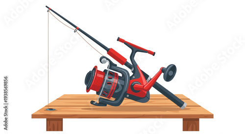 Fishing rod and reel on a wooden dock.