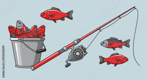 Fishing rod with reel and bucket full of fish.