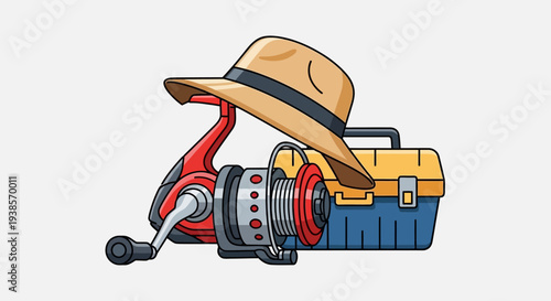 Fishing gear including reel, hat, and tackle box.