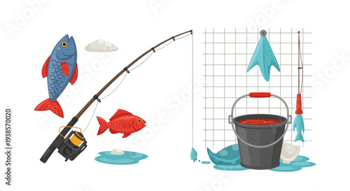 Fishing gear and caught fish illustration.