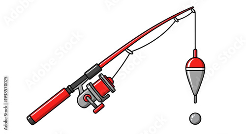 Red fishing rod with reel and sinker illustration.
