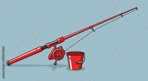 Red fishing rod and reel with bucket on blue background.